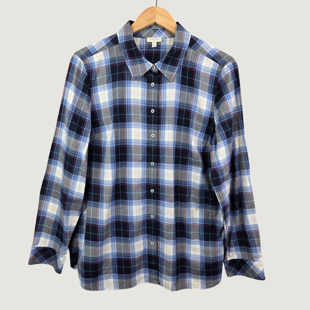 Talbots Button Front Shirt Women L Blue Plaid Long Sleeve Cotton Preppy Classic